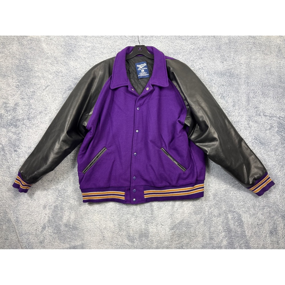 Reebok Mens XL Purple Varsity Jacket Wool Vinyl Sleeve Snap Front Team Coat